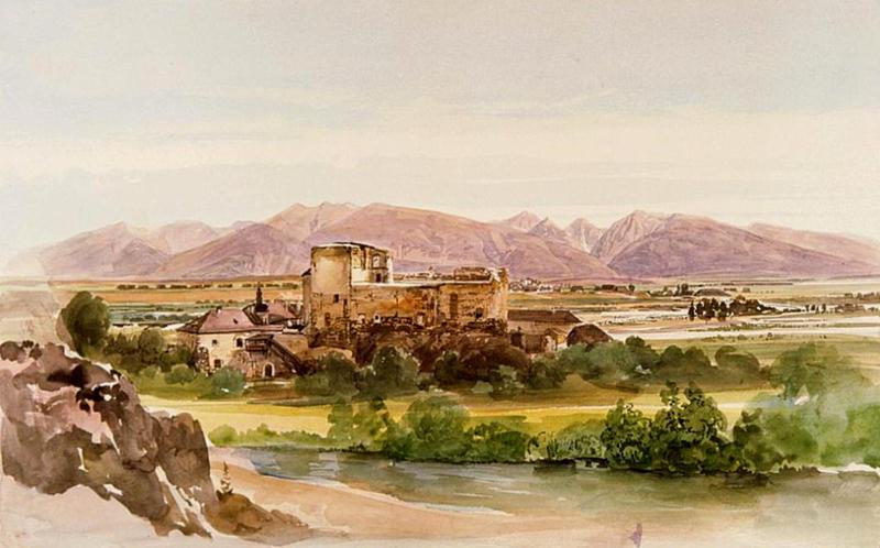 Pohľad do Račkovej doliny v Západnrých Tatrách  od hradu v Liptovskom Hrádku - Akvarel :Originál kresby je v galérii v Budapešti. - 1850 