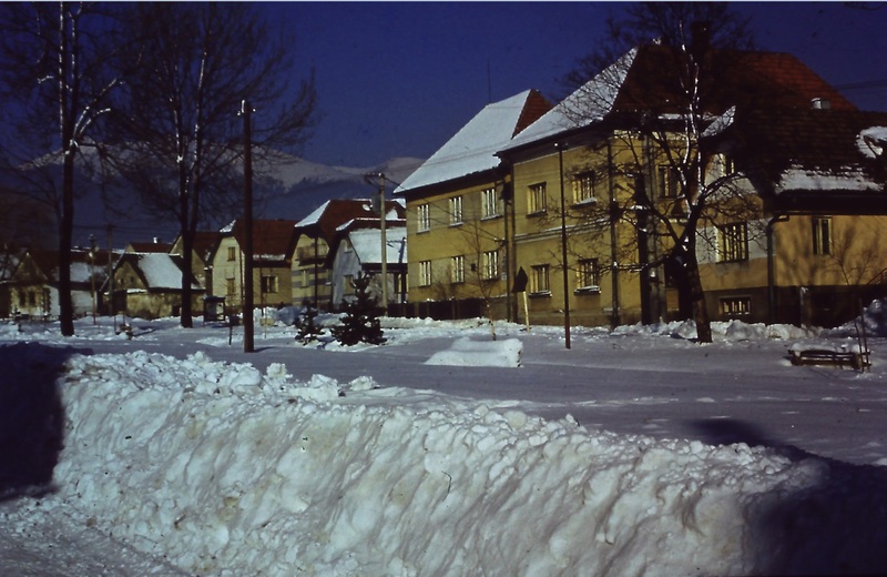 Pohľad na budovu MNV  a učiteľskú bytovku - Miroslav Račko - 1984