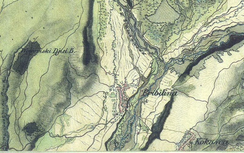 Pribylina na mape 2. vojenského mapovania medzi rokmi 1819-1858.                              Originál Hadtörténeti Intézet és Múzeum, Budapešť.