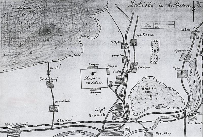 Nákres  letiska Mokraď vyhotoveného prieskumnou jednotkou 1.čsaz - www.liponet.sk - február 1945
